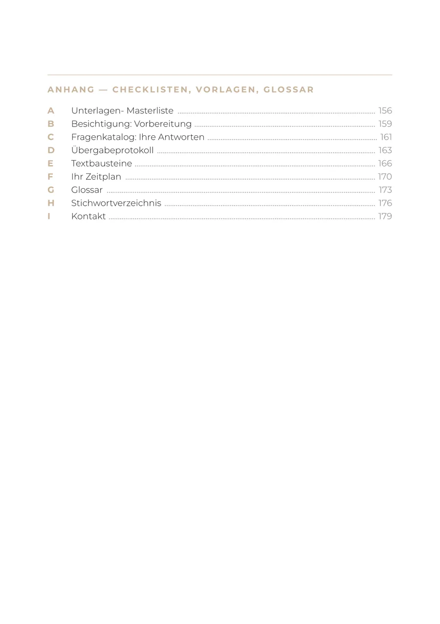 Inhaltsverzeichnis des Anhangs mit Checklisten, Vorlagen, Glossar und Stichwortverzeichnis