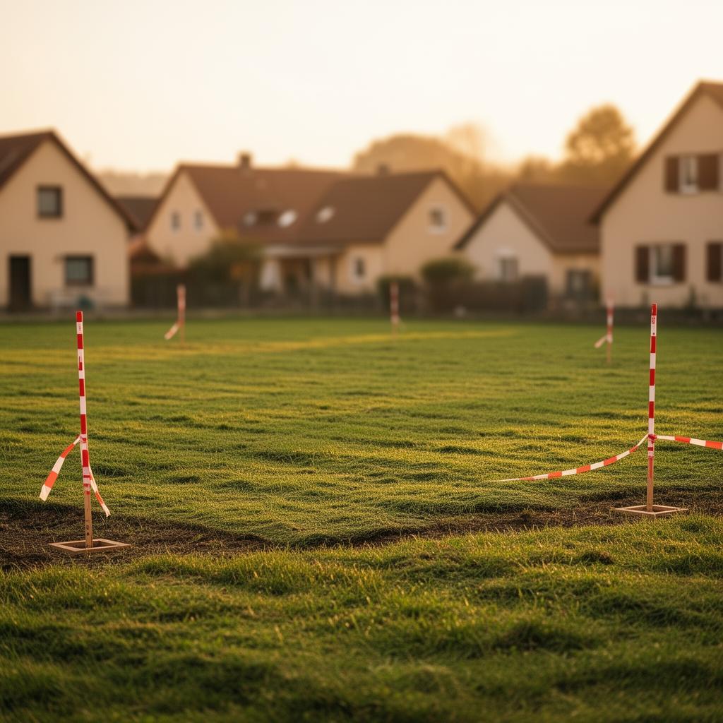 Unbebautes Baugrundstück mit Vermessungspflöcken