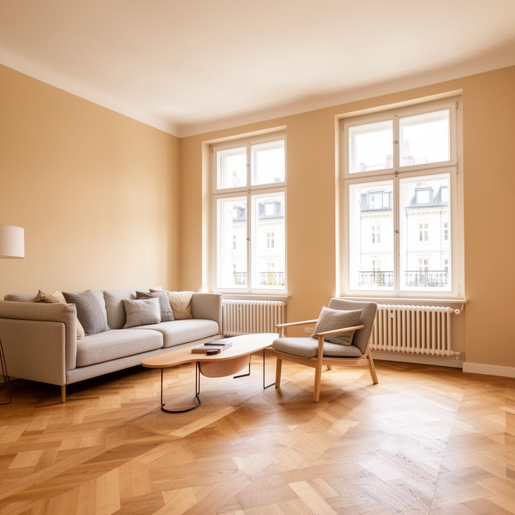 Helle Wohnung mit großen Fenstern und Parkettboden